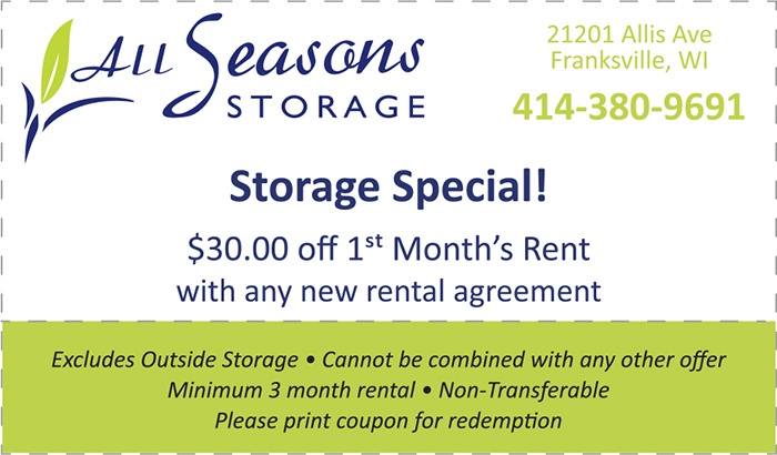 All Seasons Storage Special - $30.00 off 1st Month's Rent with new rental agreement coupon.