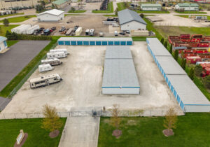 default Top-down aerial view of All Seasons Storage showing outdoor RV parking and full storage building layout in Franksville, WI