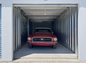 AllSeason_036 Vintage Ford Mustang stored in a secure indoor unit at an all seasons storage facility in Franksville, WI for classic car storage and protection.